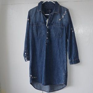 Vintage Lucky Brand Handcrafted  Long Sleeve Embroidered Denim Shirt Dress SZ S